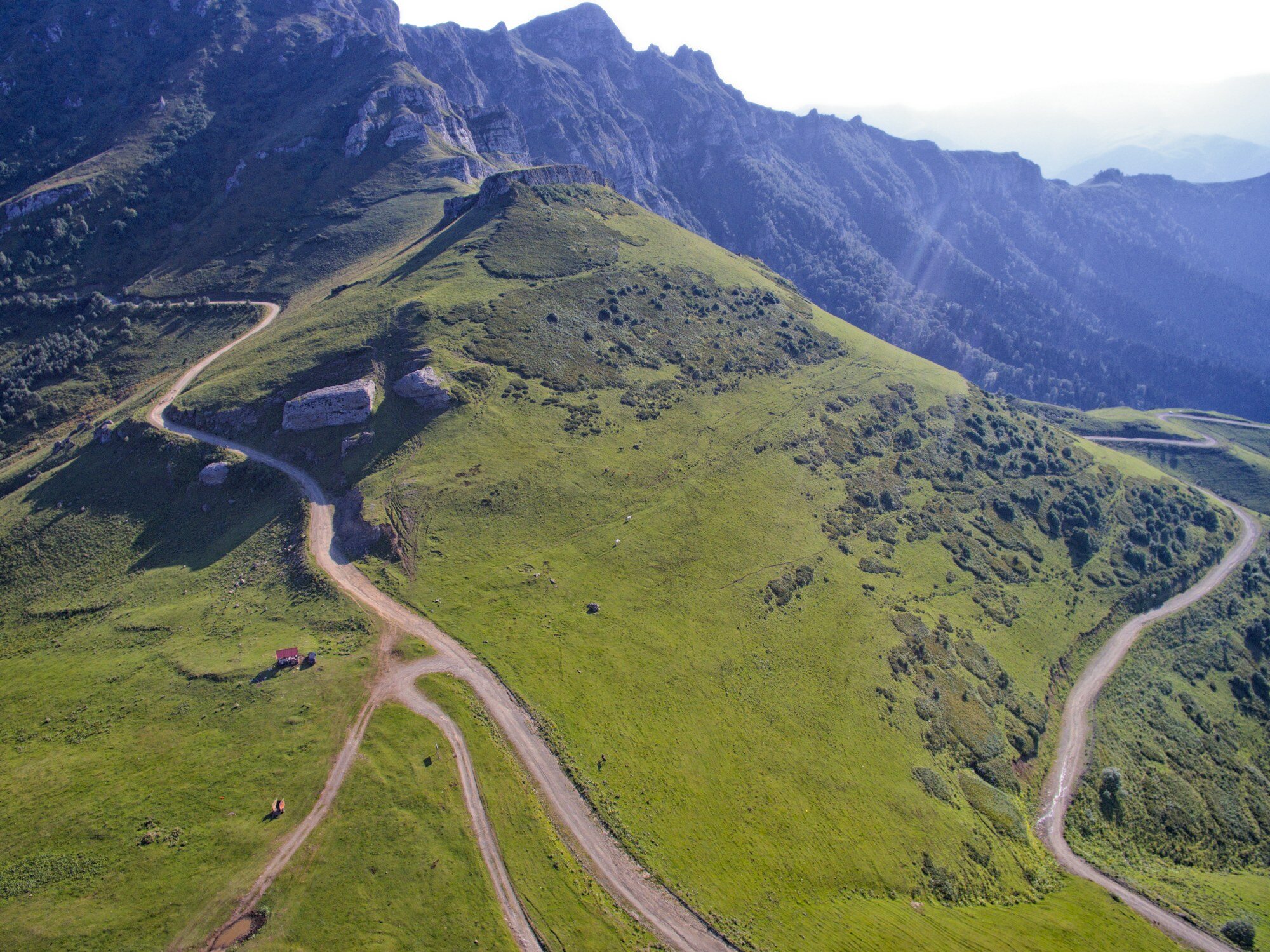 Aerial view of a winding western Georgia mountain road near the Kutaisi gateway to Svaneti