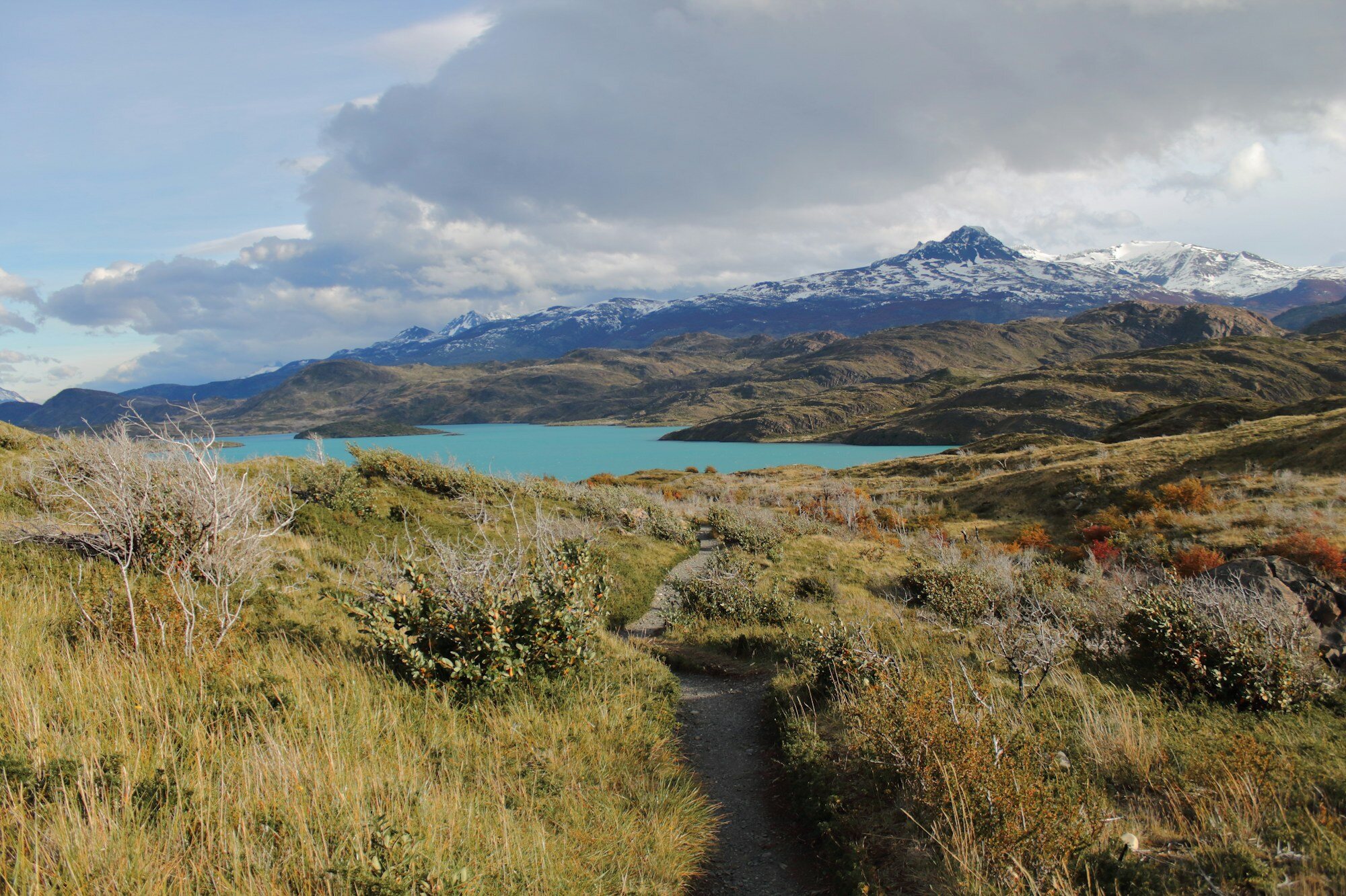 Camino de ripio en la Carretera Austral hacia un lago y montañas patagónicas