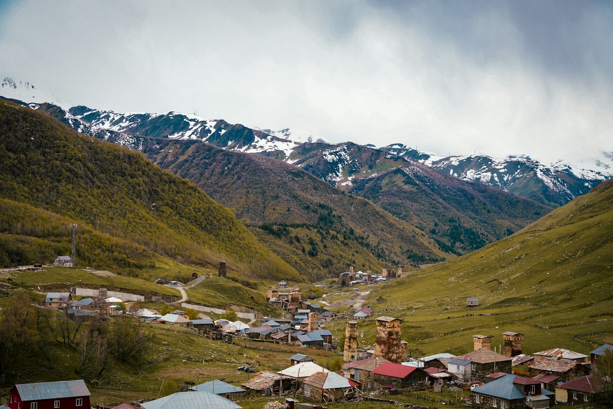 Ushguli village in Svaneti surrounded by high Caucasus mountains