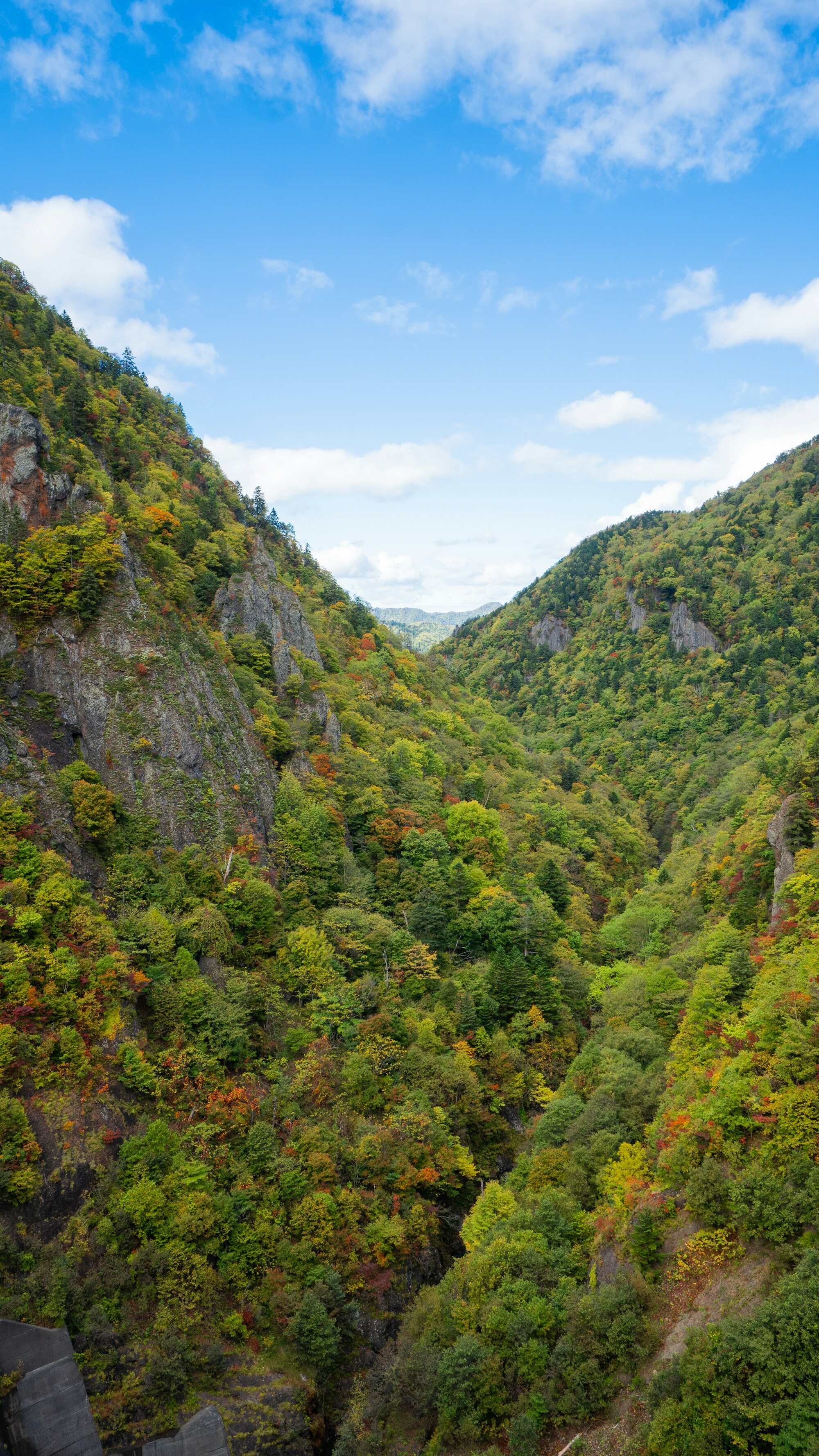 Lush green valley with rocky slopes and clear blue sky in Hokkaido mountains